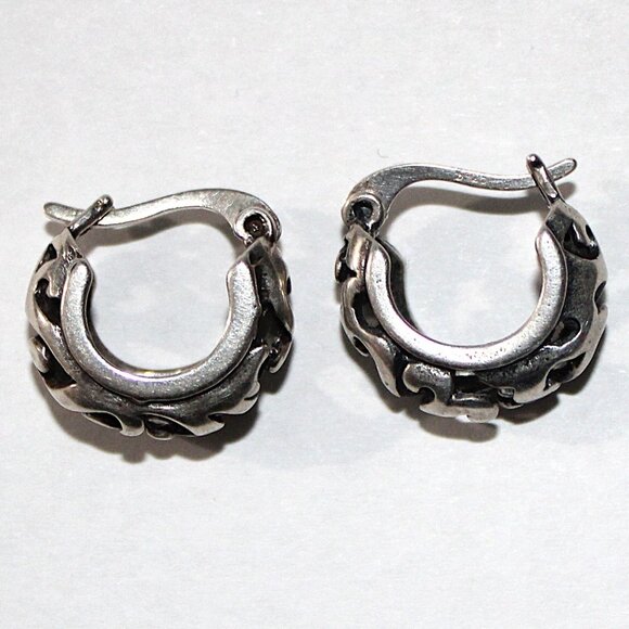 Sterling Silver Huggie Open Work Small Hoop Earrings - Picture 4 of 6